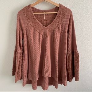 Free People waffle knit eyelet bell sleeve top